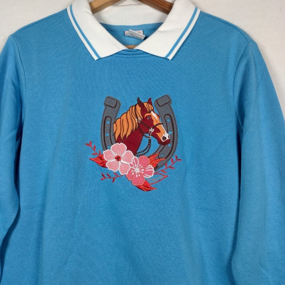 Adrian Delafield Horse Sweatshirt Women M Collared Horseshoe Equestrian Blue